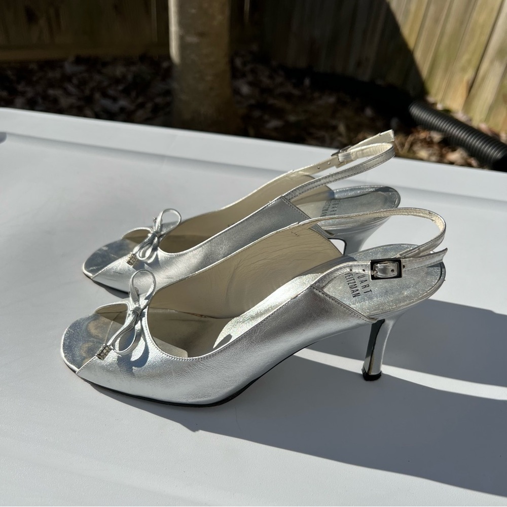 STUART Weitzman peep toe sling back silver high heels Sz 9.5 M